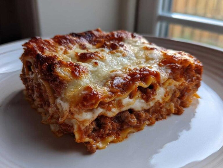 A perfectly baked slice of Viral No-Fold Dumpling Lasagna showing layers of meat sauce and melted cheese.