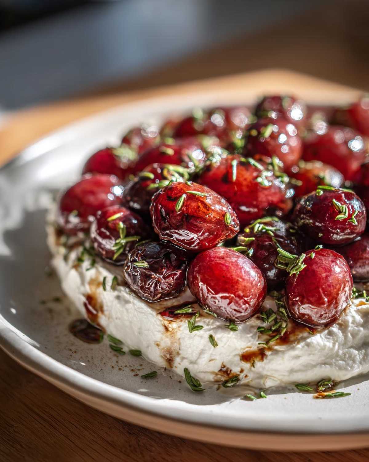 Close-up of Whipped Feta Dip with Roasted Grapes, topped with herbs and balsamic glaze.