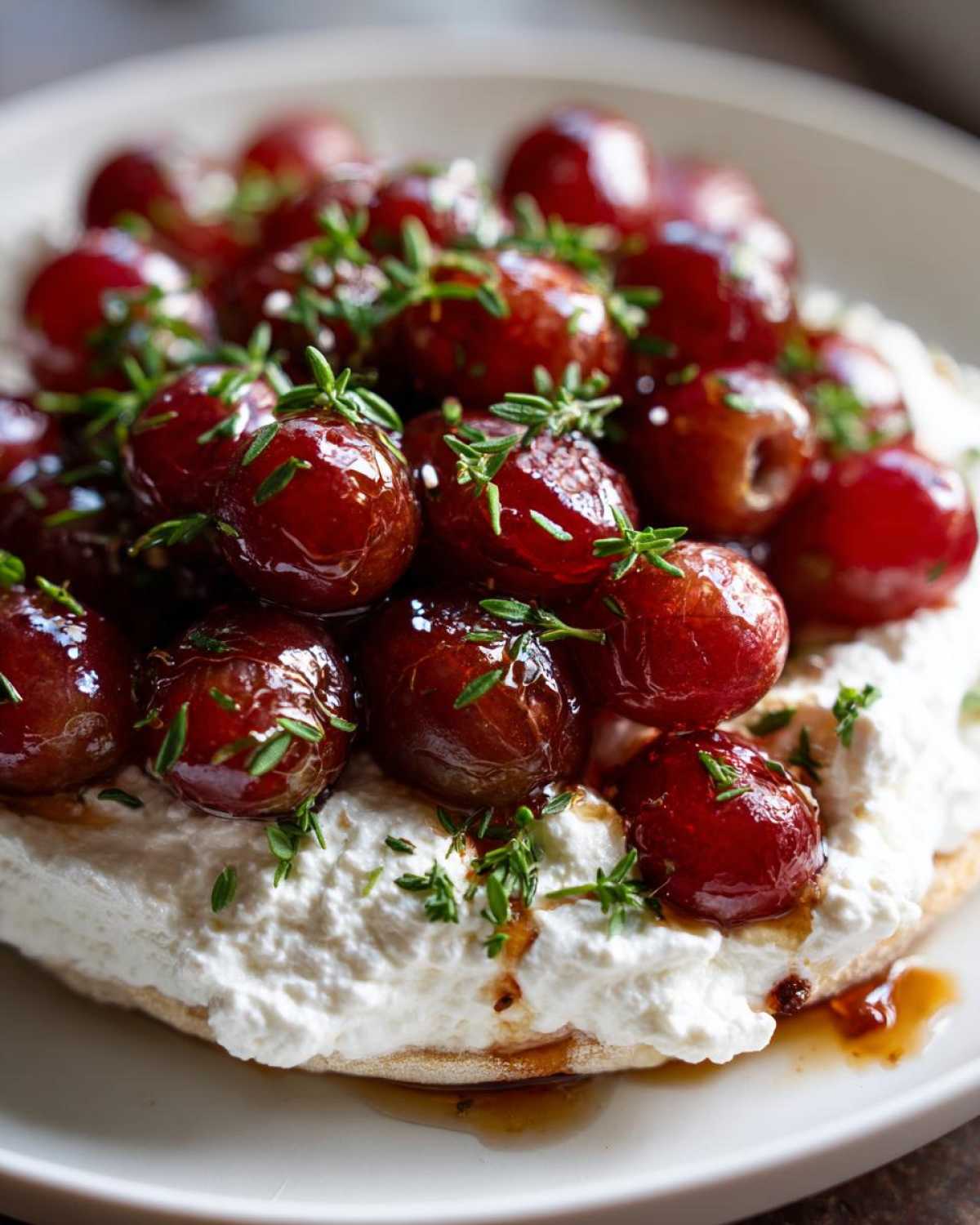 Close-up of Whipped Feta Dip with Roasted Grapes topped with fresh thyme leaves.