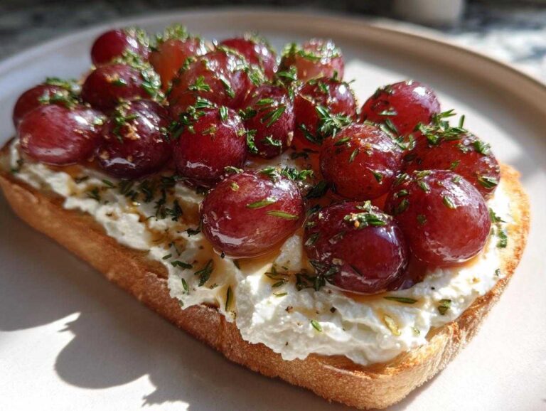 Close-up of Whipped Feta Dip with Roasted Grapes served on toasted bread, garnished with herbs.